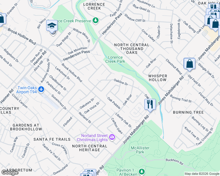map of restaurants, bars, coffee shops, grocery stores, and more near 2027 Oak Mist in San Antonio
