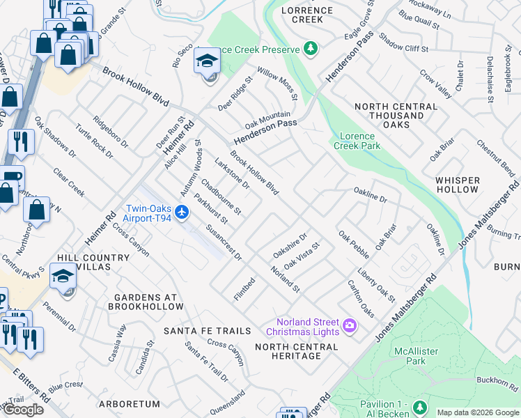 map of restaurants, bars, coffee shops, grocery stores, and more near 1715 Forest Spring Street in San Antonio