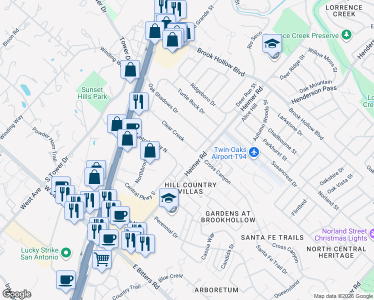 map of restaurants, bars, coffee shops, grocery stores, and more near 14215 Clear Creek in San Antonio