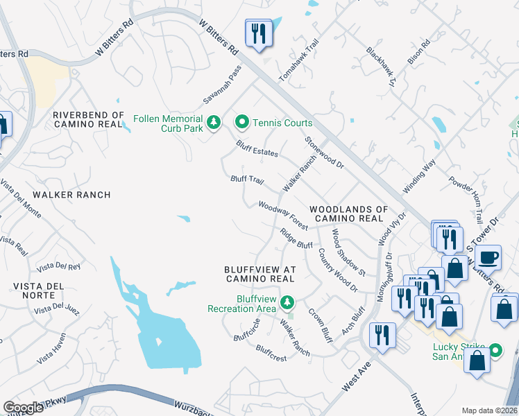 map of restaurants, bars, coffee shops, grocery stores, and more near 507 Woodway Forest in San Antonio