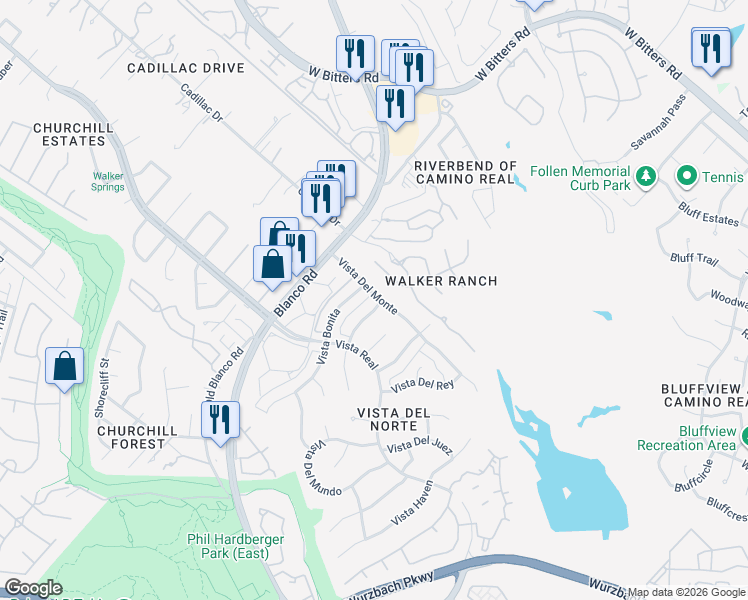 map of restaurants, bars, coffee shops, grocery stores, and more near 13435 La Vista Drive in San Antonio