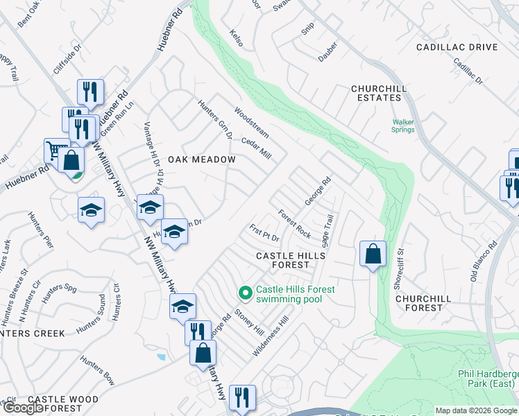 map of restaurants, bars, coffee shops, grocery stores, and more near 13727 Forest Rock in San Antonio