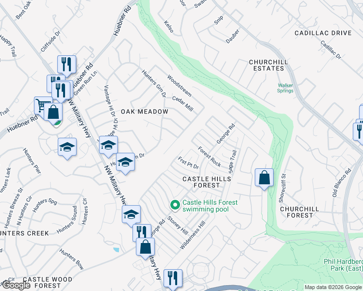 map of restaurants, bars, coffee shops, grocery stores, and more near 2810 Peppermill Run Street in San Antonio