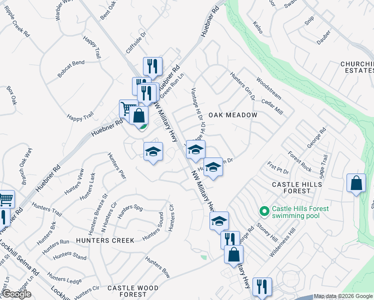 map of restaurants, bars, coffee shops, grocery stores, and more near 14121 Gray Wing Street in San Antonio