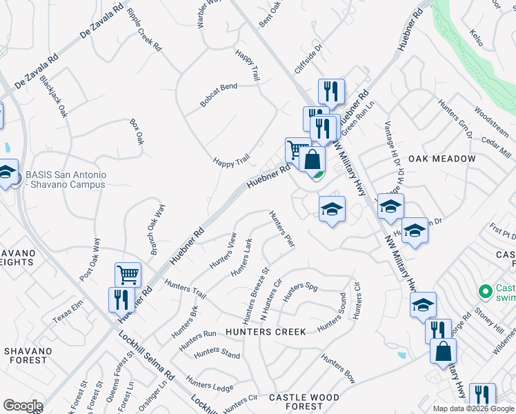 map of restaurants, bars, coffee shops, grocery stores, and more near 13295 Hunters View in San Antonio