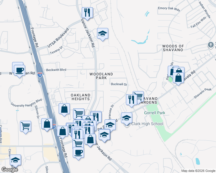 map of restaurants, bars, coffee shops, grocery stores, and more near 13702 Winston Oaks in San Antonio