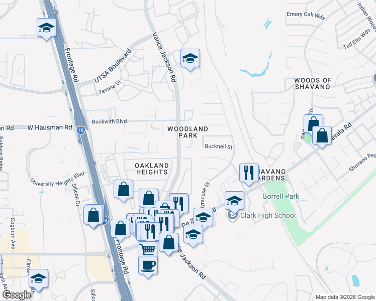 map of restaurants, bars, coffee shops, grocery stores, and more near 13702 Winston Oaks in San Antonio