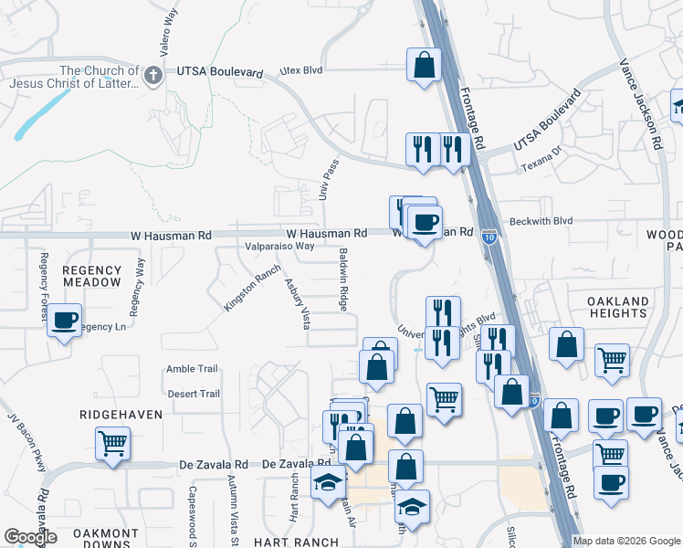 map of restaurants, bars, coffee shops, grocery stores, and more near 5806 Barton Hollow in San Antonio