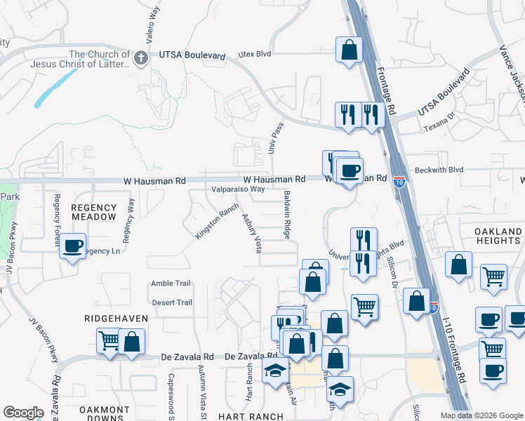 map of restaurants, bars, coffee shops, grocery stores, and more near 5918 Barton Hollow in San Antonio