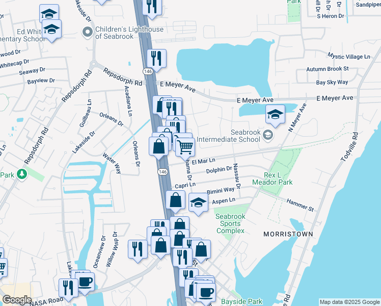 map of restaurants, bars, coffee shops, grocery stores, and more near 1865 Florida Drive in Seabrook