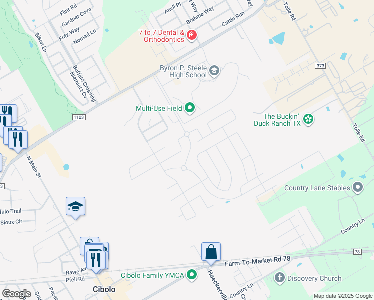 map of restaurants, bars, coffee shops, grocery stores, and more near Clapboard Run in Cibolo