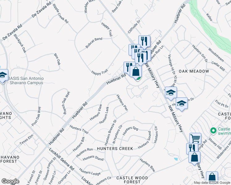 map of restaurants, bars, coffee shops, grocery stores, and more near 13295 Hunters View in San Antonio