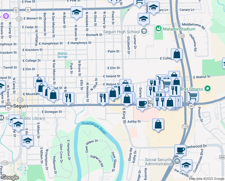 map of restaurants, bars, coffee shops, grocery stores, and more near 1028 East Mountain Street in Seguin