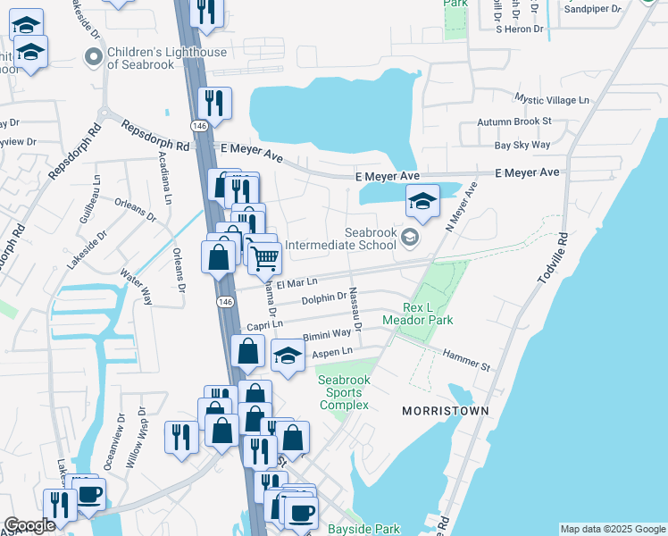 map of restaurants, bars, coffee shops, grocery stores, and more near 1812 El Mar Lane in Seabrook