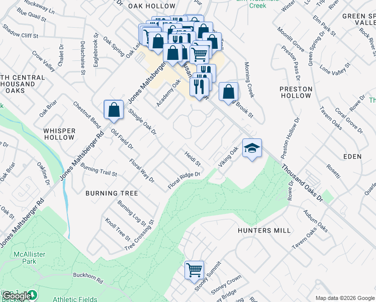 map of restaurants, bars, coffee shops, grocery stores, and more near 3011 Heidi Street in San Antonio