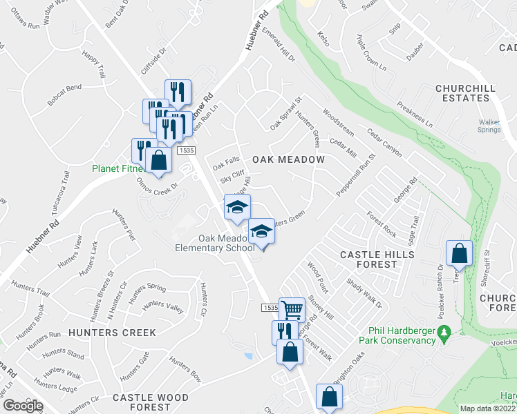 map of restaurants, bars, coffee shops, grocery stores, and more near 14107 Gray Wing Street in San Antonio