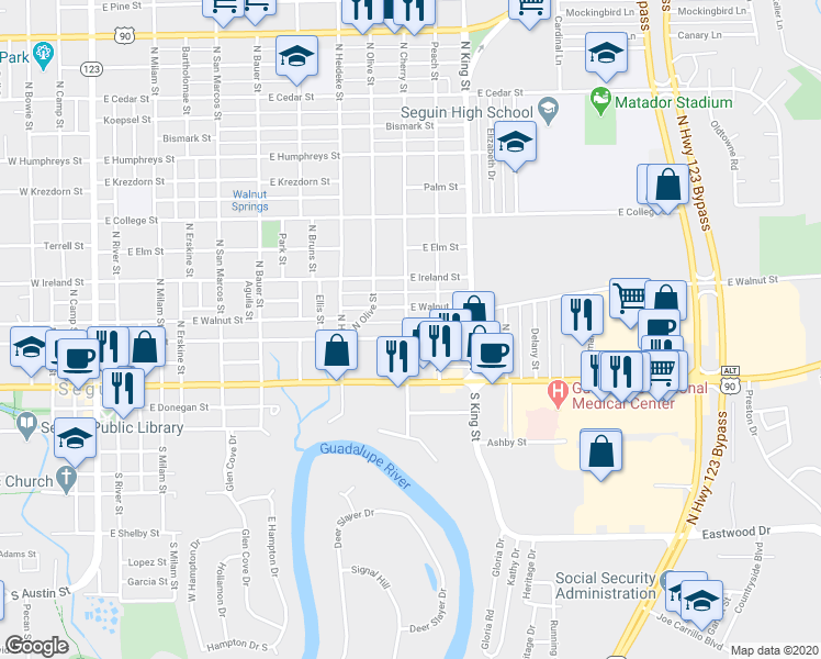 map of restaurants, bars, coffee shops, grocery stores, and more near 1004 East Mountain Street in Seguin