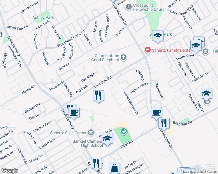 map of restaurants, bars, coffee shops, grocery stores, and more near 1013 Keanna Place in Schertz