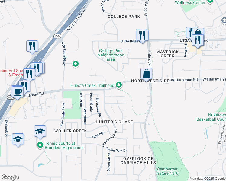 map of restaurants, bars, coffee shops, grocery stores, and more near 13414 Rustling Glen in San Antonio