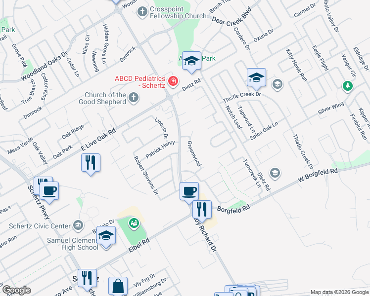 map of restaurants, bars, coffee shops, grocery stores, and more near 1205 Cedarwood in Schertz