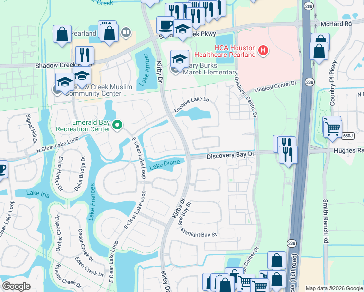 map of restaurants, bars, coffee shops, grocery stores, and more near 11501 Watercastle Court in Pearland