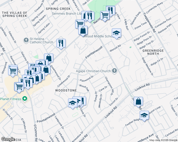 map of restaurants, bars, coffee shops, grocery stores, and more near 14100 Cradlewood Street in San Antonio