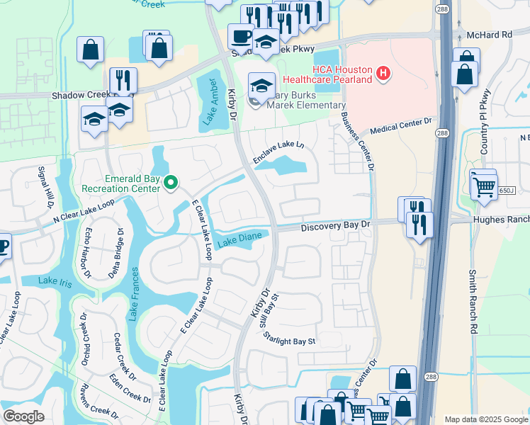 map of restaurants, bars, coffee shops, grocery stores, and more near 11501 Watercastle Court in Pearland