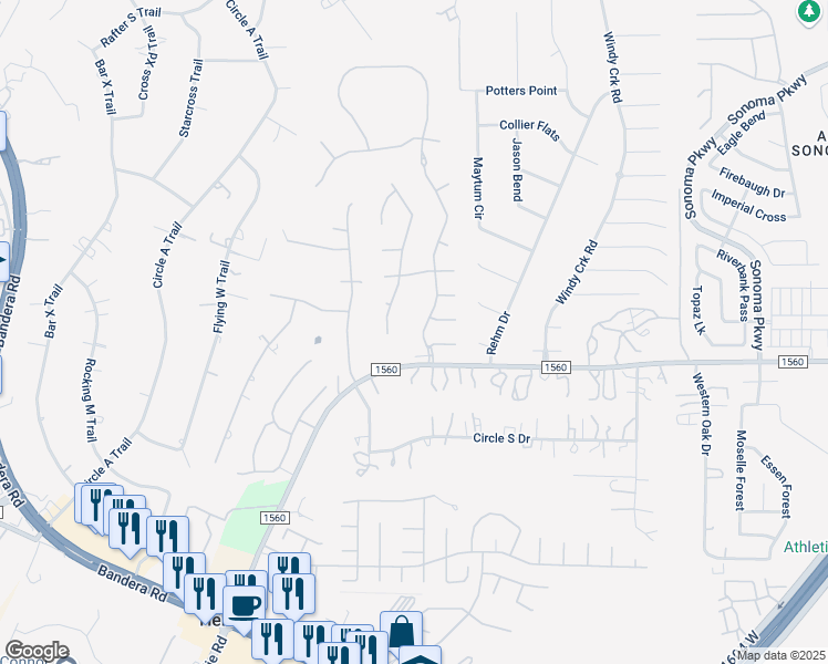 map of restaurants, bars, coffee shops, grocery stores, and more near 13522 French Park in Helotes