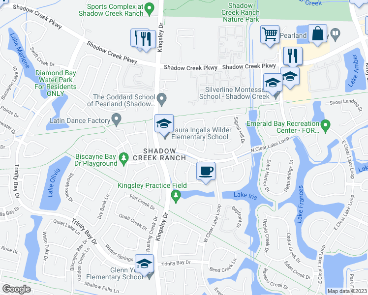 map of restaurants, bars, coffee shops, grocery stores, and more near 12602 Rocky Cove Drive in Pearland