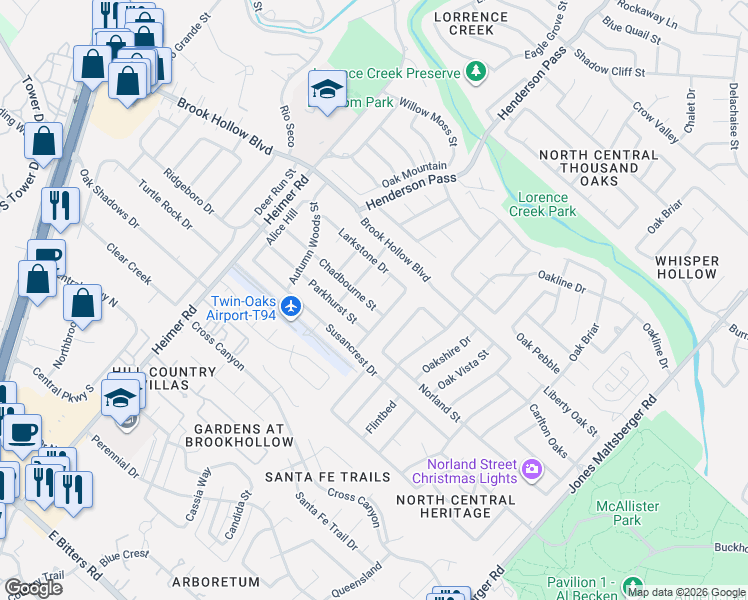 map of restaurants, bars, coffee shops, grocery stores, and more near 1715 Forest Spring Street in San Antonio