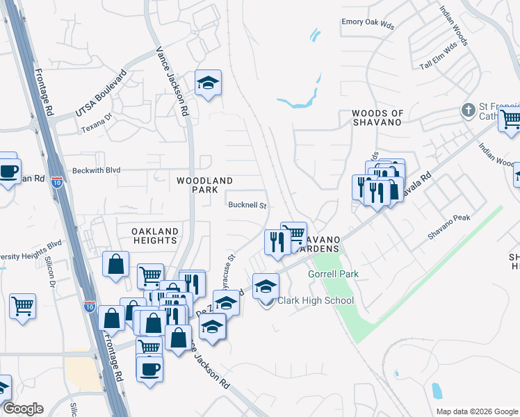 map of restaurants, bars, coffee shops, grocery stores, and more near 4810 Bucknell Street in San Antonio