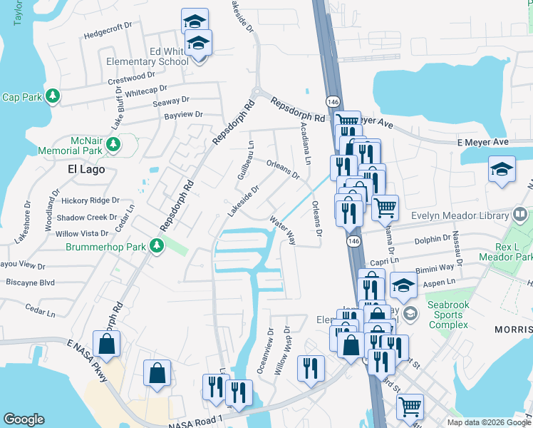map of restaurants, bars, coffee shops, grocery stores, and more near 2302 La Rochelle Court in Seabrook
