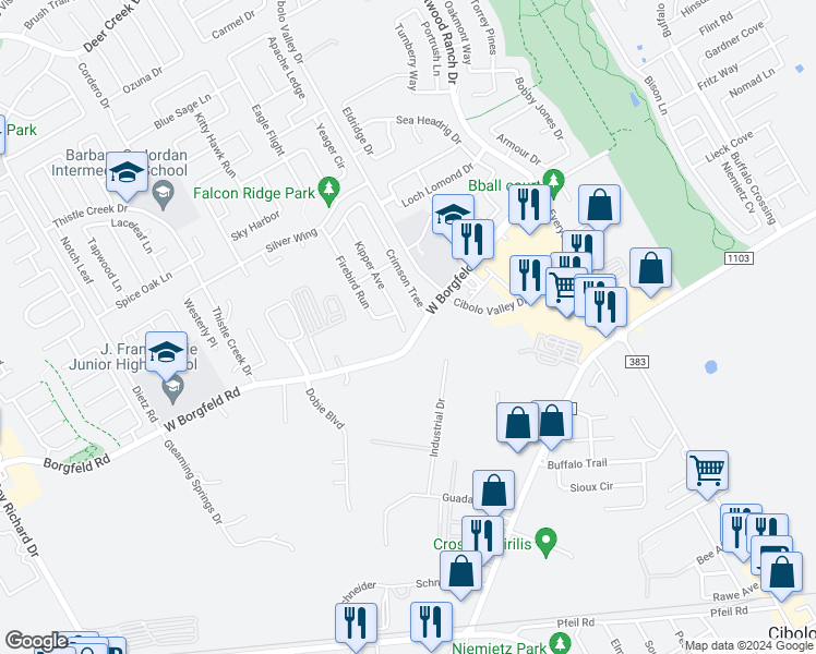 map of restaurants, bars, coffee shops, grocery stores, and more near 249 Kipper Avenue in Cibolo