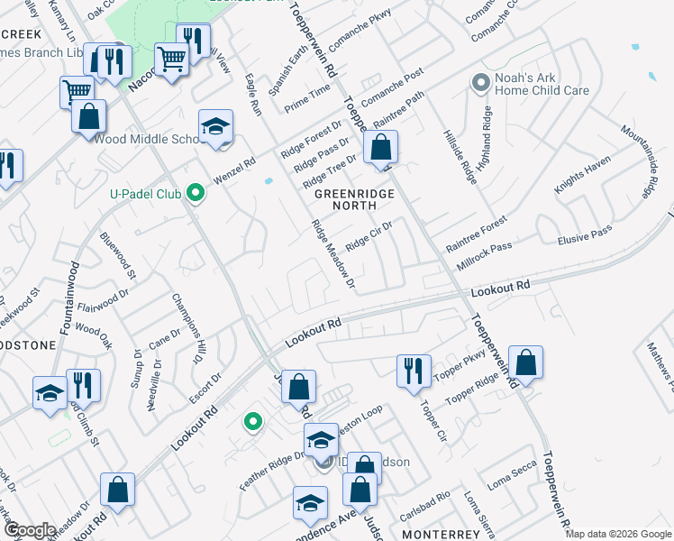 map of restaurants, bars, coffee shops, grocery stores, and more near 14215 Ridge Meadow Dr in San Antonio