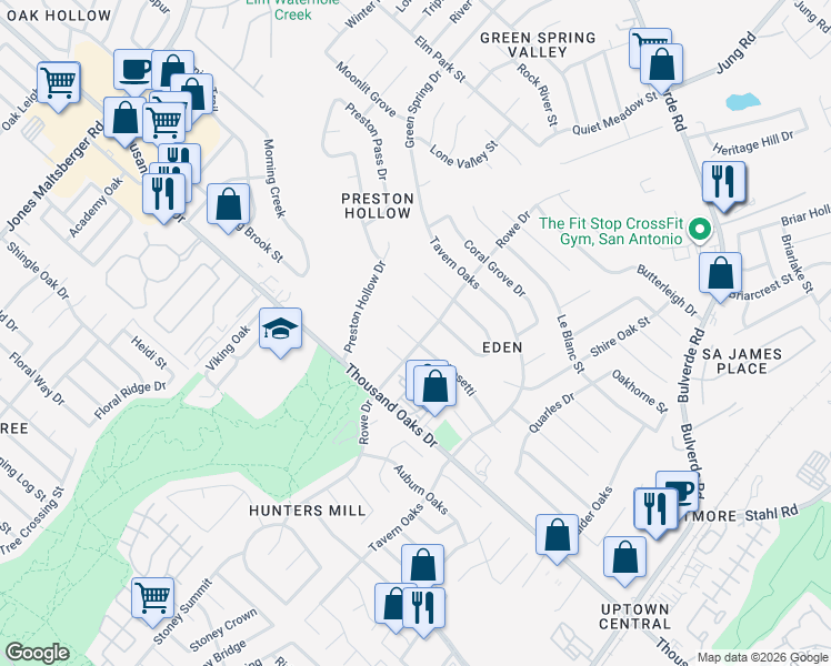 map of restaurants, bars, coffee shops, grocery stores, and more near 3227 Rosetti in San Antonio