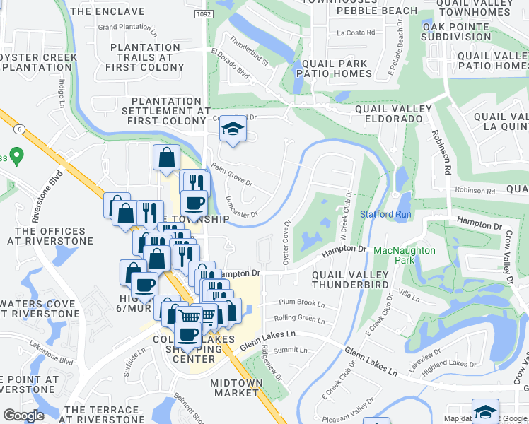 map of restaurants, bars, coffee shops, grocery stores, and more near 3527 Duncaster Drive in Missouri City