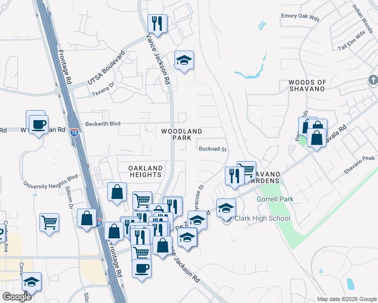 map of restaurants, bars, coffee shops, grocery stores, and more near 13702 Winston Oaks in San Antonio