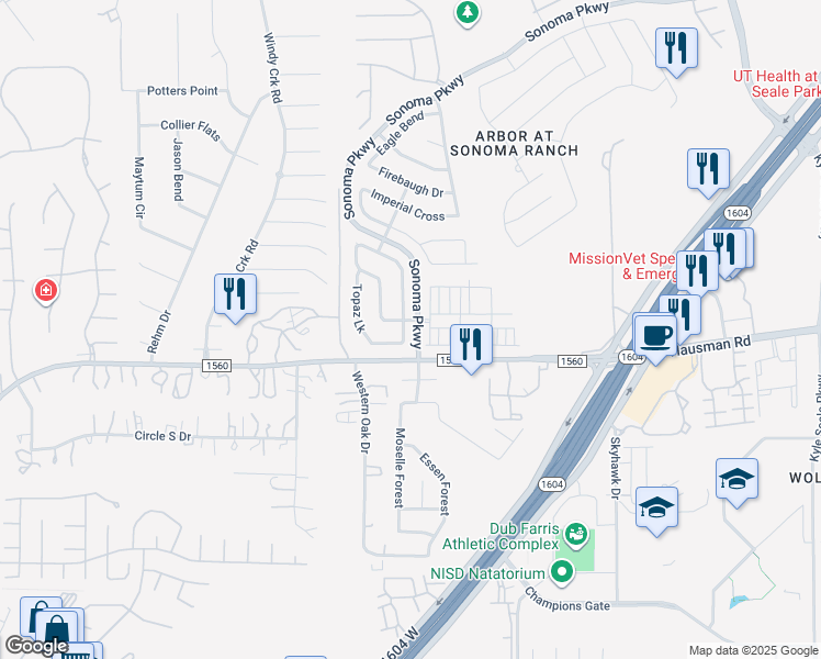 map of restaurants, bars, coffee shops, grocery stores, and more near 9800 Sonoma Parkway in Helotes