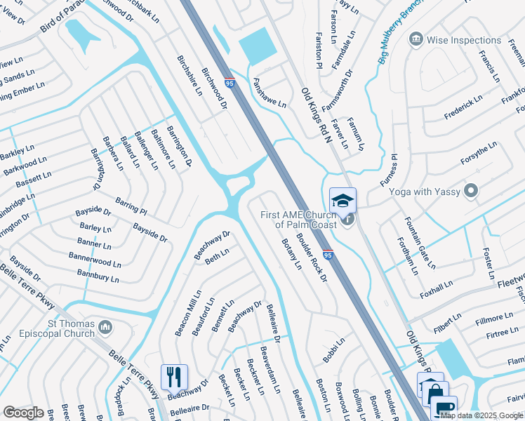 map of restaurants, bars, coffee shops, grocery stores, and more near 55 Botany Lane in Palm Coast