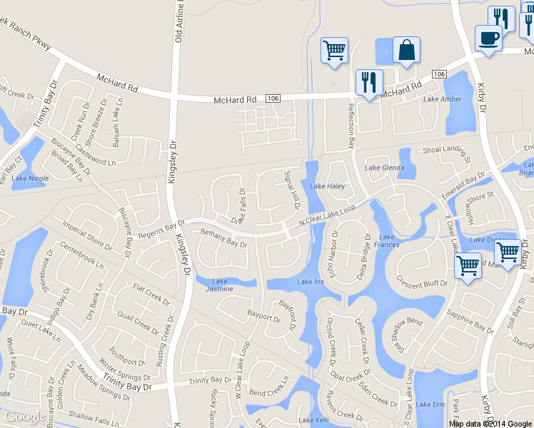 map of restaurants, bars, coffee shops, grocery stores, and more near 12402 Coral Cove Court in Pearland