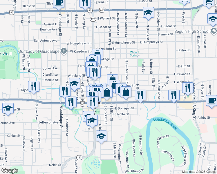 map of restaurants, bars, coffee shops, grocery stores, and more near 309 North Milam Street in Seguin