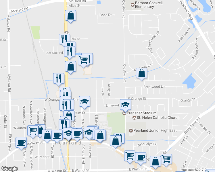 map of restaurants, bars, coffee shops, grocery stores, and more near 2018 Cheryl Drive in Pearland