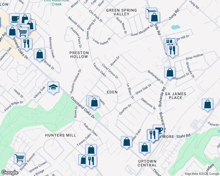 map of restaurants, bars, coffee shops, grocery stores, and more near 3339 Falcon Grove Drive in San Antonio
