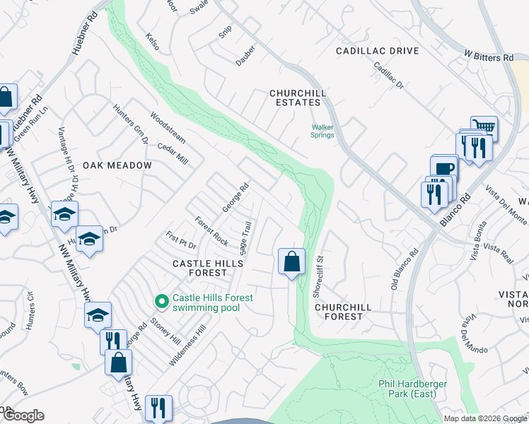 map of restaurants, bars, coffee shops, grocery stores, and more near 13530 Lands End in San Antonio
