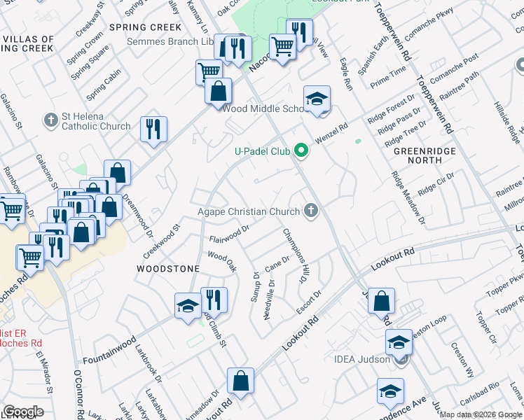 map of restaurants, bars, coffee shops, grocery stores, and more near 5807 Champions Hill Drive in San Antonio