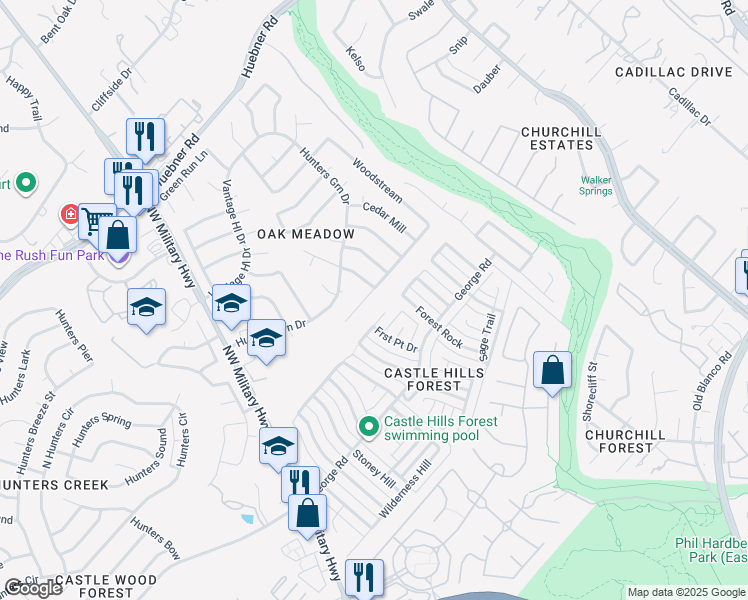 map of restaurants, bars, coffee shops, grocery stores, and more near 2810 Peppermill Run Street in San Antonio