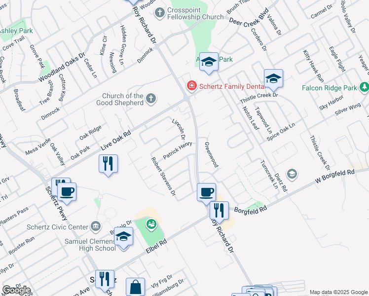 map of restaurants, bars, coffee shops, grocery stores, and more near 140 Patrick Henry in Schertz