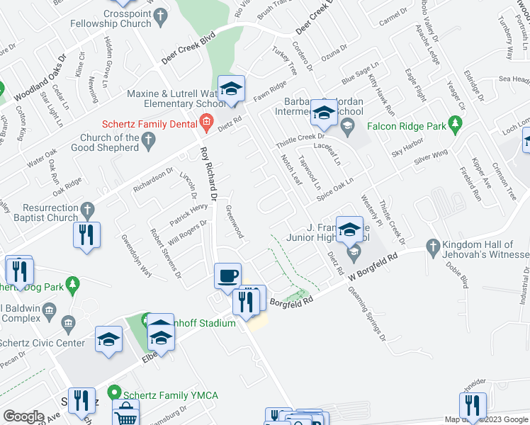 map of restaurants, bars, coffee shops, grocery stores, and more near 1121 Sandy Ridge Circle in Schertz