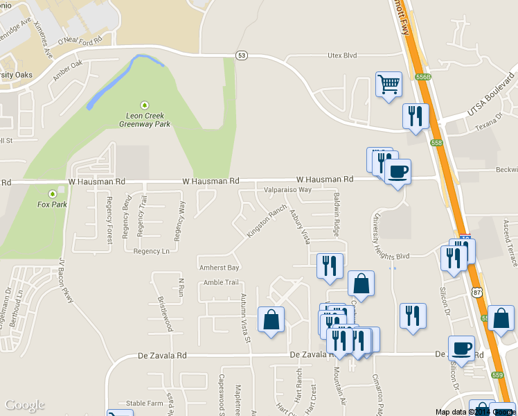 map of restaurants, bars, coffee shops, grocery stores, and more near 13306 Regent Clf Concordia Oak in San Antonio