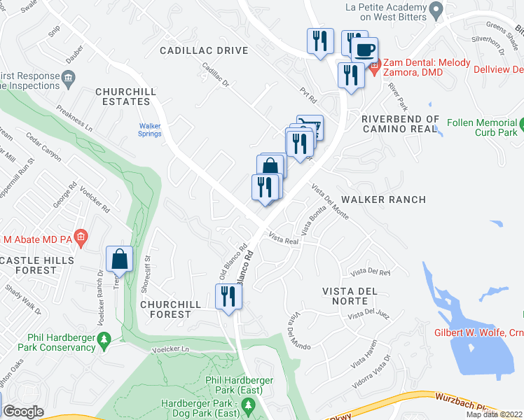 map of restaurants, bars, coffee shops, grocery stores, and more near 403 Runnymede Lane in San Antonio